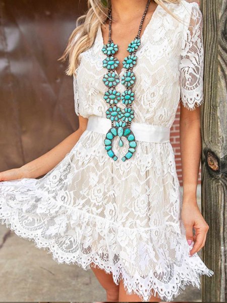 

V Neck Elegant A-Line Daily Short Sleeve Mini Dress, White, Mini Dresses