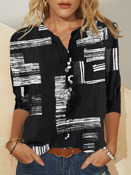 

Stampato Casuale Scollo a V Misto Cotone Top, Nero, Blouses & Shirts