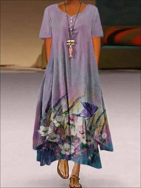 

Cotton-Blend V Neck Casual Shift Weaving Dress, As picture, Floral Dresses