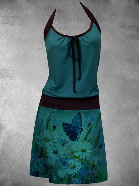 

senza maniche Casuale Stampato Floreale Misto Cotone Abito, Blu, Dresses