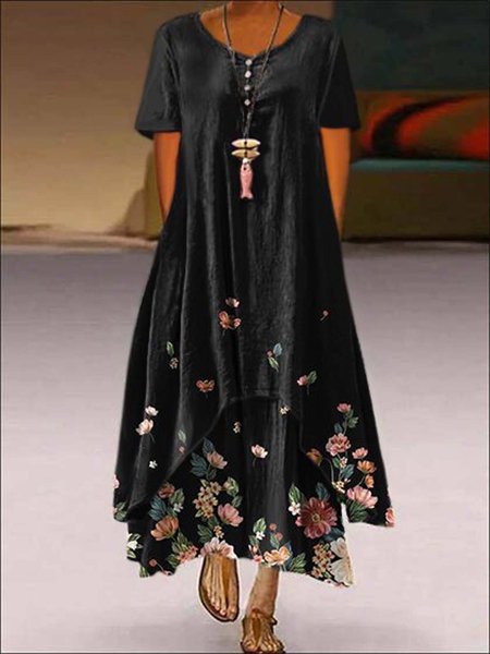 

Cotton-Blend Shift V Neck Short Sleeve Weaving Dress, Black, Floral Dresses