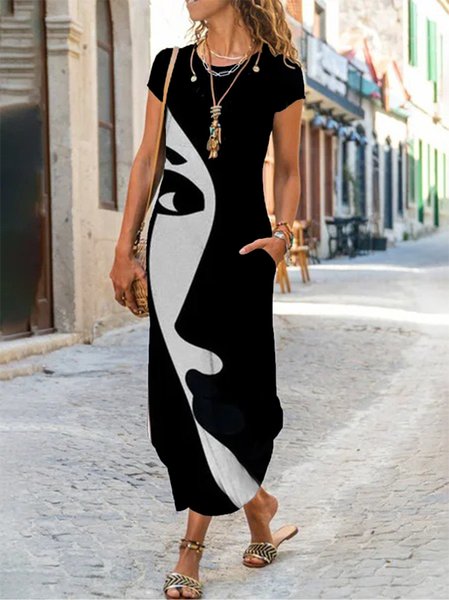 

Plus Size Vintage Boho Holiday Hippie Abstract Casual Knitting Dress, Black, Dresses