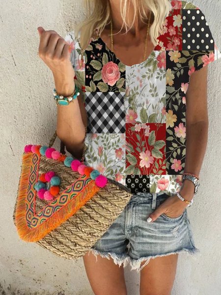 Maniche Corte Casuale Stampato Floreale Camicie & Top, Nero, Tops