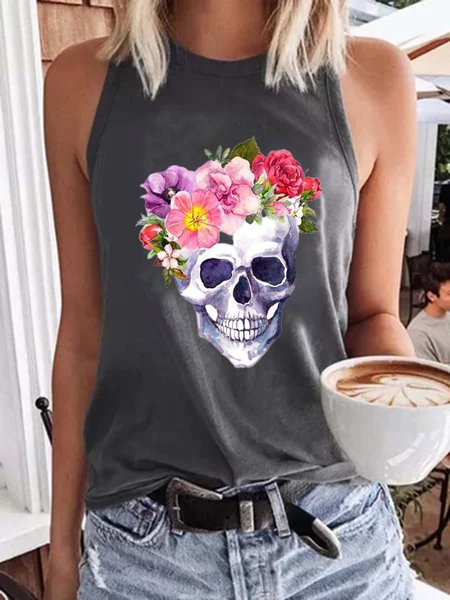 

Gray Printed Sleeveless Casual Shift Crew Neck Vests, Tops