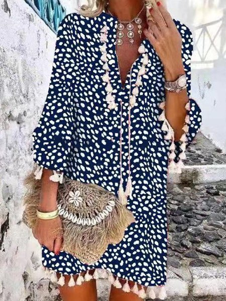 

Vintage nappa Geometrico Stampato Manica a Volant Scollo a V taglia grande Gonna Casuale, Navy blu, Dresses