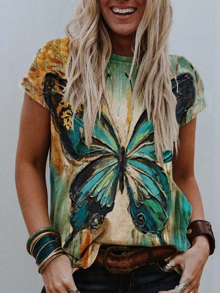 

Butterfly Shift Cotton-Blend Casual Short Sleeve Tops, As picture, T-Shirts