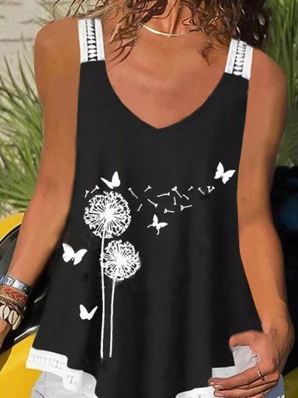 

Butterfly Casual V Neck Tops, Black, Tank Tops & Camis