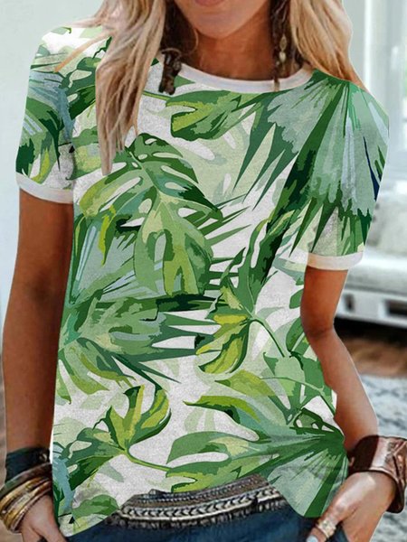 

Leaves Short Sleeve Crew Neck Casual Tops, Green, T-Shirts