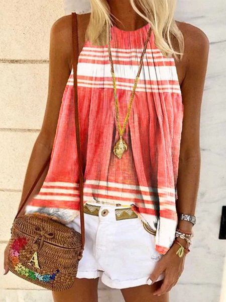 

Sleeveless Casual Stripes Halter Shirts & Tops, Red, Blouses & Shirts