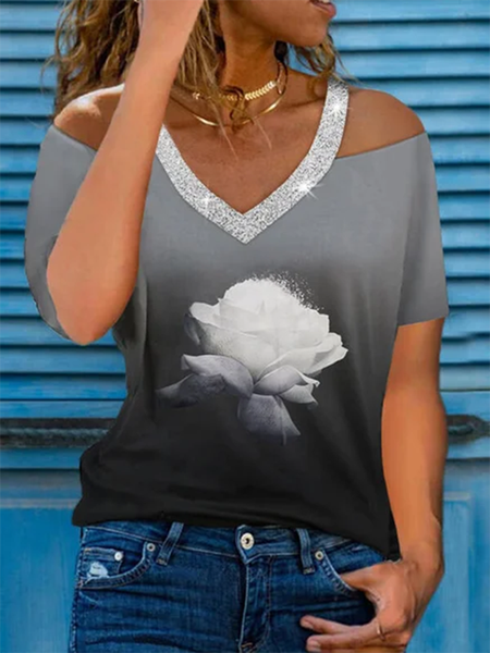 

Maniche Corte Casuale Stampato Scollo a V Top, Grigio, Blouses & Shirts