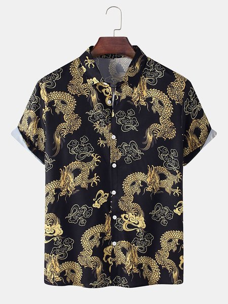 

Mens All Over Golden Dragon Print Cotton Relaxed Fit Short Sleeve Shirts, Black, Men's Floral shirt