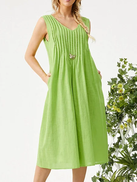 

Solid Color Pleated V-Neck Sleeveless Casual Midi Dress With Pocket, Green, Casual Dresses