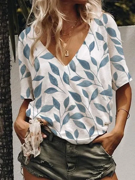 

Short Sleeve Leaves V Neck Tops, White, T-Shirts