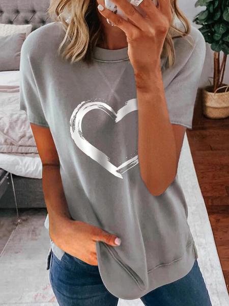 Stampato Misto Cotone Maniche Corte Girocollo Top, Grigio, Blouses & Shirts