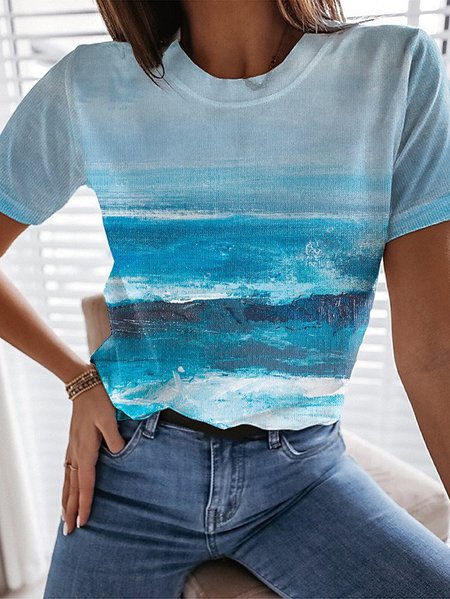 

Crew Neck Stripes Casual T-shirt, Blue, Tees & T-shirts