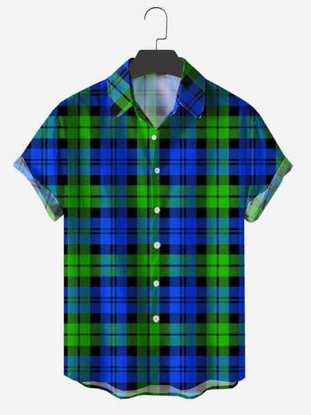 

Mens Plaid Print Lapel Shirts, Blue, Short Sleeves Shirts