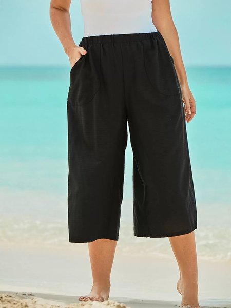 Sciolto Gamba larga Solido con tasche Pantaloni cropped, Nero, Bottoms