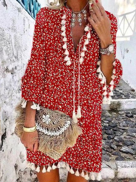 

Vintage Tassel Floral Printed Frill Sleeve V Neck Plus Size Casual Dresses, Red, Dresses