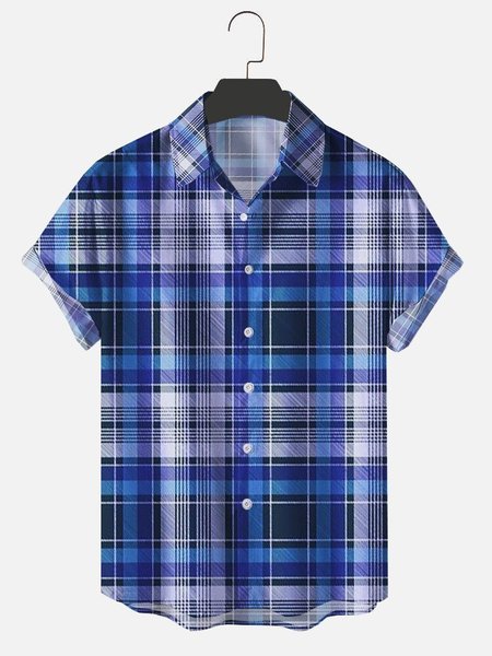 

Mens Plaid Printed Lapel Shirts, Blue, Short Sleeves Shirts