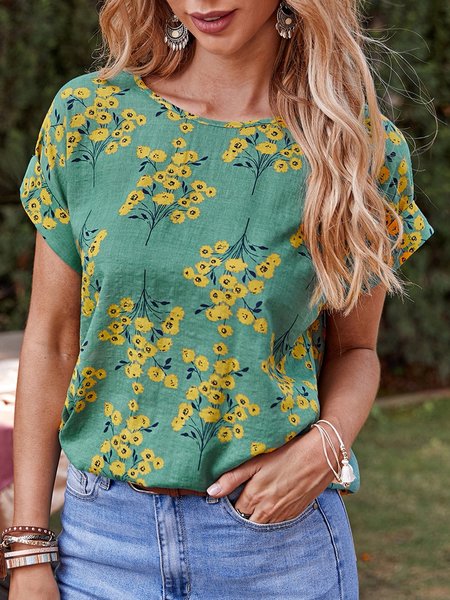 

Short Sleeve Floral Printed Tops, Green, T-Shirts