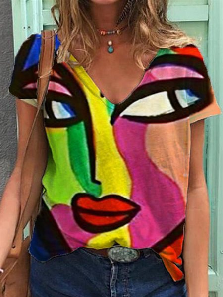 

Vintage Geometric Printed Short Sleeve V Neck Plus Size Casual Tops, Yellow, Blouses & Shirts