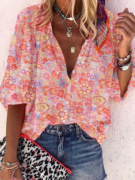

Paisley 3/4 Sleeve Shirt Collar Casual Shirts & Tops, Pink, Auto-Clearance