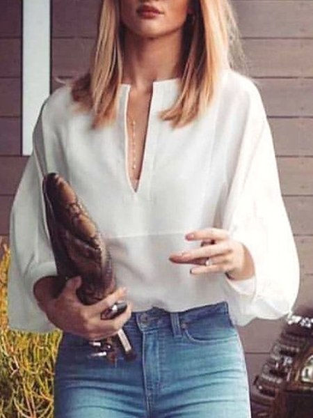 

Long Sleeve V Neck Casual Daily Top, White, Blouses and Shirts