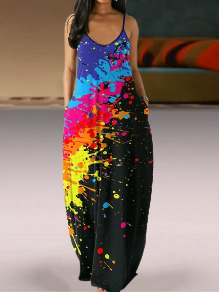 

Vintage Multicolor Geometric Printed Plus Size Sleeveless Casual Dresses, Dresses
