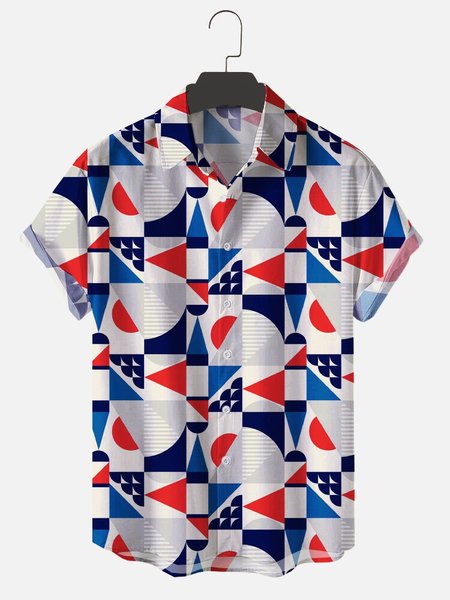 

Mens Casual Geometric Print Lapel Shirts, Blue, Short Sleeves Shirts