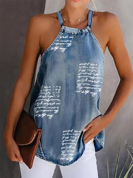 

Lettera senza maniche Casuale Top, Blu, Blouses & Shirts