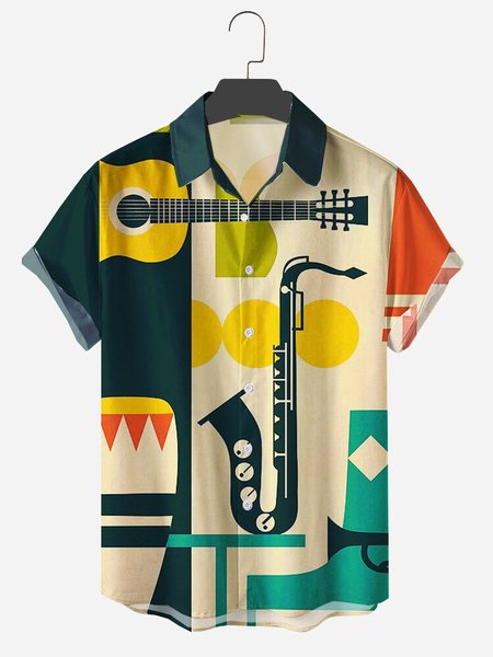 

Uomo Vintage Chitarra e sassofono Stampare hawaiano Risvolto Camicie, Come immagine, Men's Top