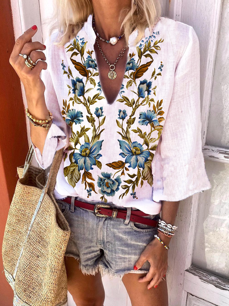 

3/4 Manica Dritto Scollo a V Top, Bianco, Blouses & Shirts