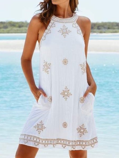 

Senza Maniche Girocollo Dritto Stampato Abito, Bianco, Dresses