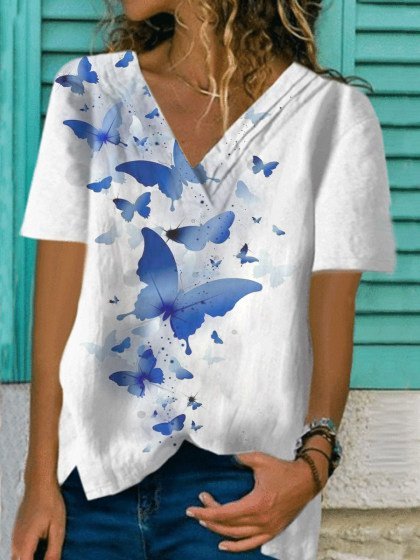 

Butterfly V Neck Short Sleeve Tops, White, Blouses & Shirts