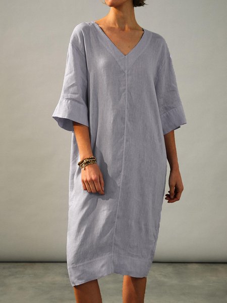 

V Neck Casual Half Sleeve Basic Women Dress, Gray, Midi Dresses