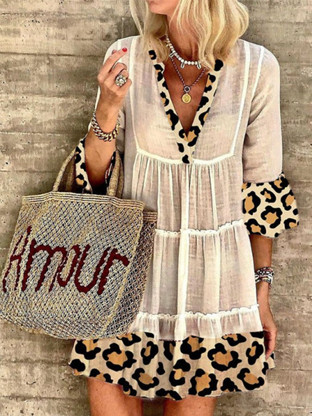 

Scollo a V Leopardo Gonna Casuale, Bianco, Dresses
