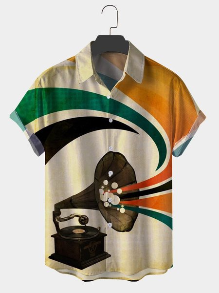 

Mens Music Retro Phonograph Trumpet Antique Vinyl Record Player Print Hawaiian Lapel Shirts, As picture, Men's shirts