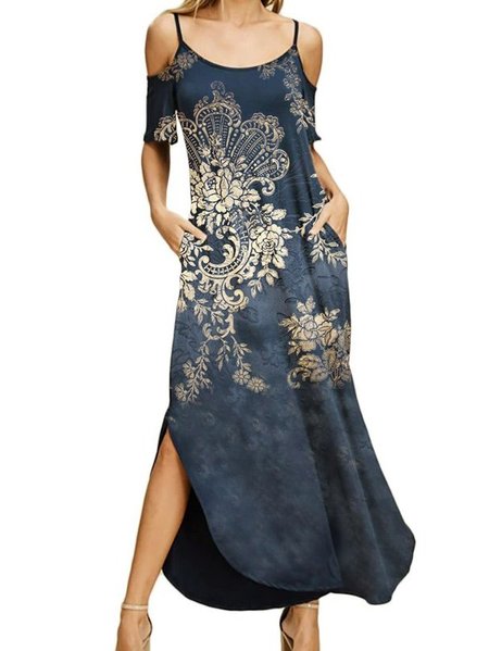 

Misto Cotone Spaghetti Vacanza Abito, Blu, Casual Dresses