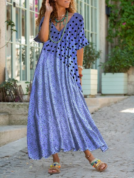 

Abito Casuale a Pois Stampare Maniche Corte, Blu, Dresses