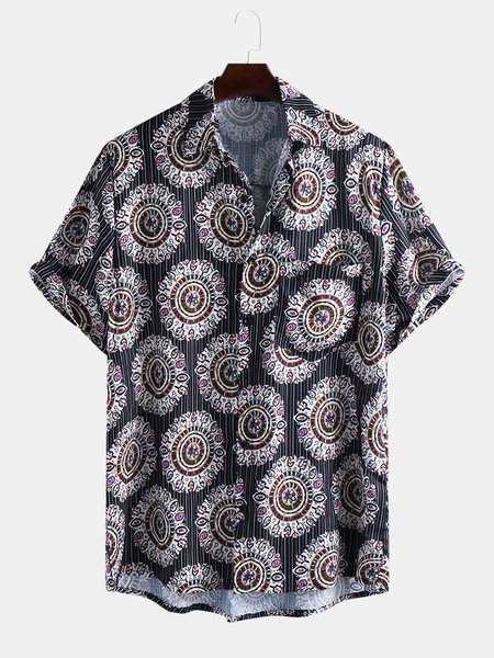

Mens National Style Printing Stand Collar Short Sleeve Loose Breathable Henley Shirt, Black-grey, Short Sleeves Shirts