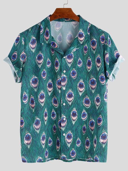 

Mens Summer Funny Printed Turn Down Collar Short Sleeve Loose Casual, Blue, Short Sleeves Shirts