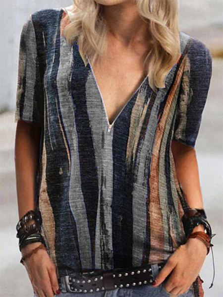 

Color-block V Neck Casual Short Sleeve T-shirt, Multicolor, Blouses & Shirts