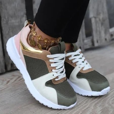 

Block Heel Athletic Lace-Up Summer Sports Shoes, Green, Flat & Loafers