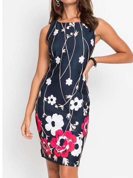 

Floreale Vacanza senza maniche Misto Cotone Abito, Blu intenso, Casual Dresses