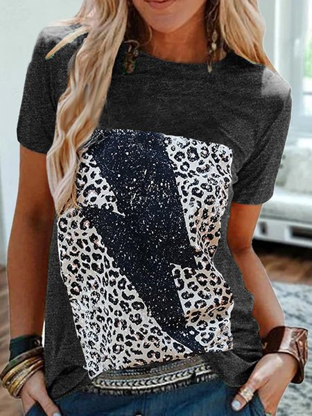 

Casual Leopard Short Sleeve T-shirt, Deep gray, T-Shirts