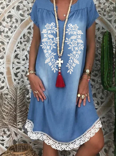 

Maniche Corte Girocollo Vintage Pizzo Abito, Blu, Dresses