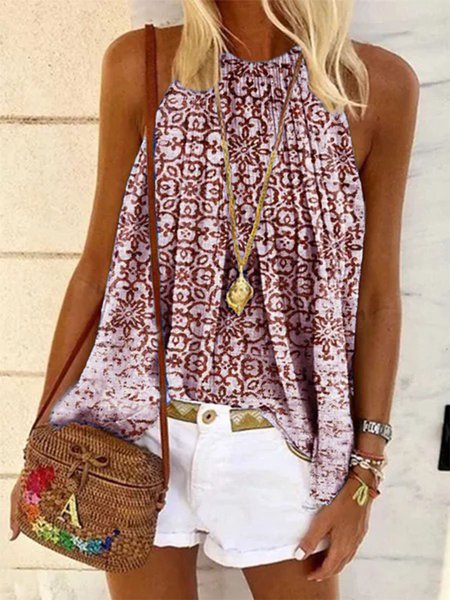 

Floral-Print Halter Casual Chiffon Shirts & Tops, Red, Tank Top