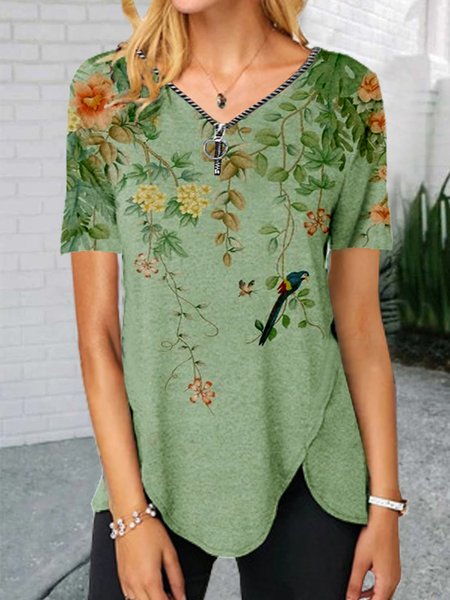 

Floreale Maniche Corte Cerniera Misto Cotone Scollo a V Vintage Estate verde Superiore, Blouses & Shirts