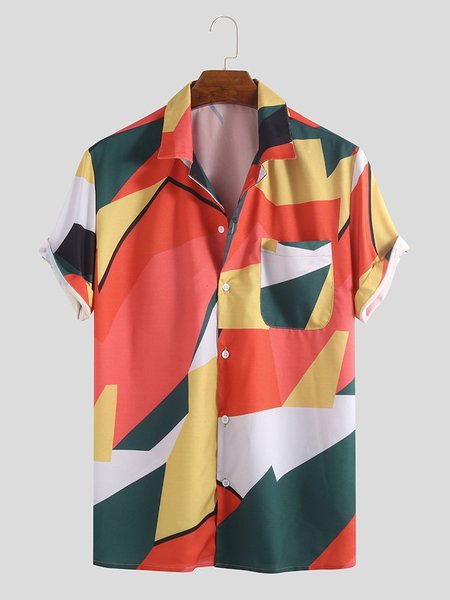 

Printed Chest Pocket Turn Down Collar Short Sleeve Loose Shirts for Men, Multicolor, Short Sleeves Shirts