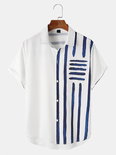 

Mens Stripe Print Curved Hem White Street Short Sleeve Shirt, Men's Floral shirt